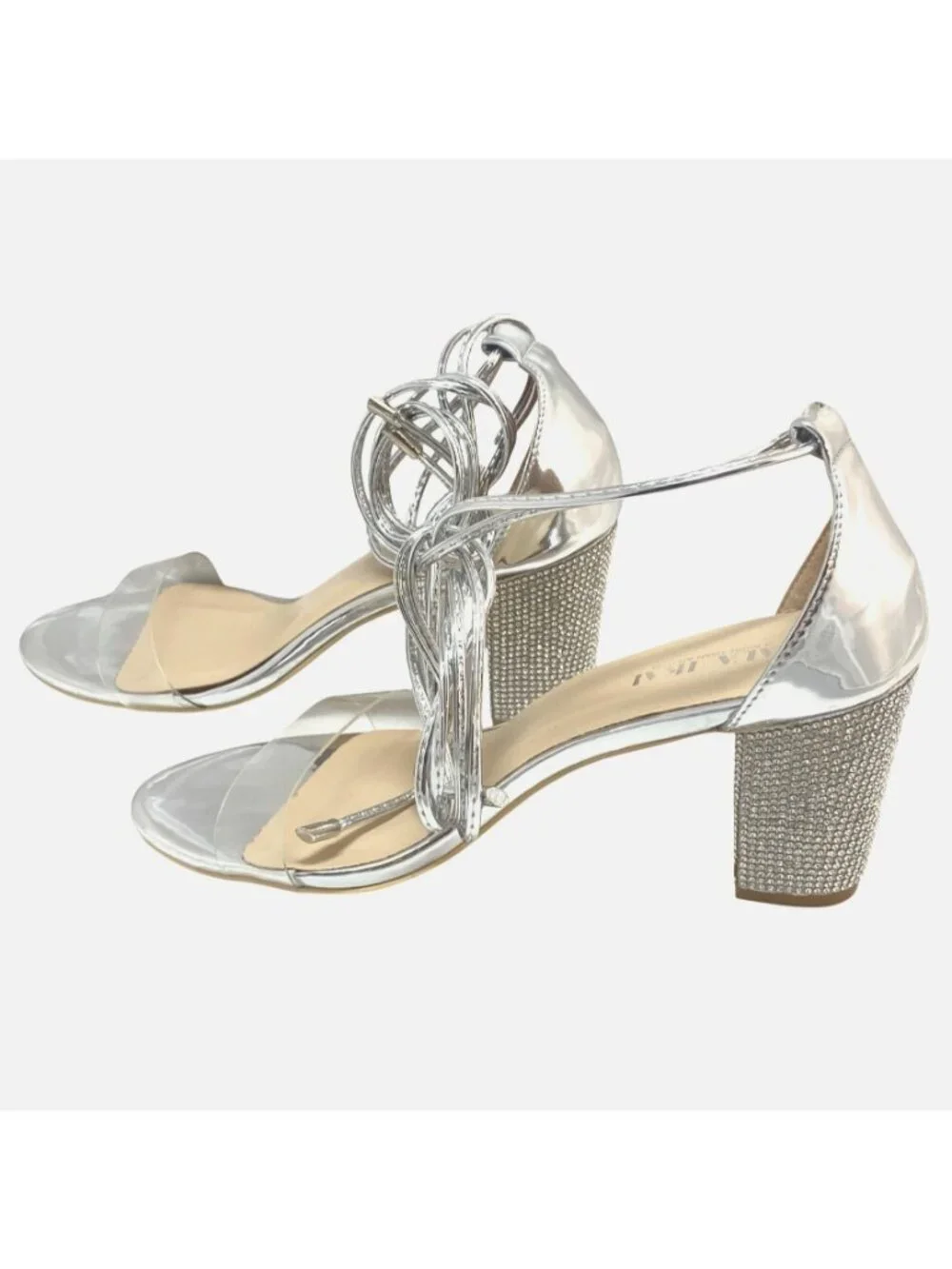 LaLa Ikai Silver Rhinestone Embellished Block Heel Formal Party Sandals Size 37